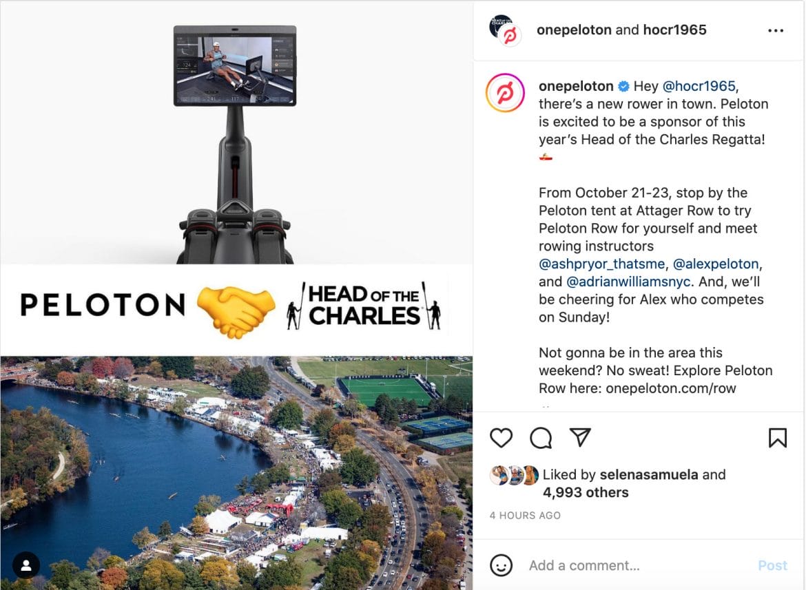 Peloton Instagram post announcing sponsorship of the Head of the Charles Regatta.