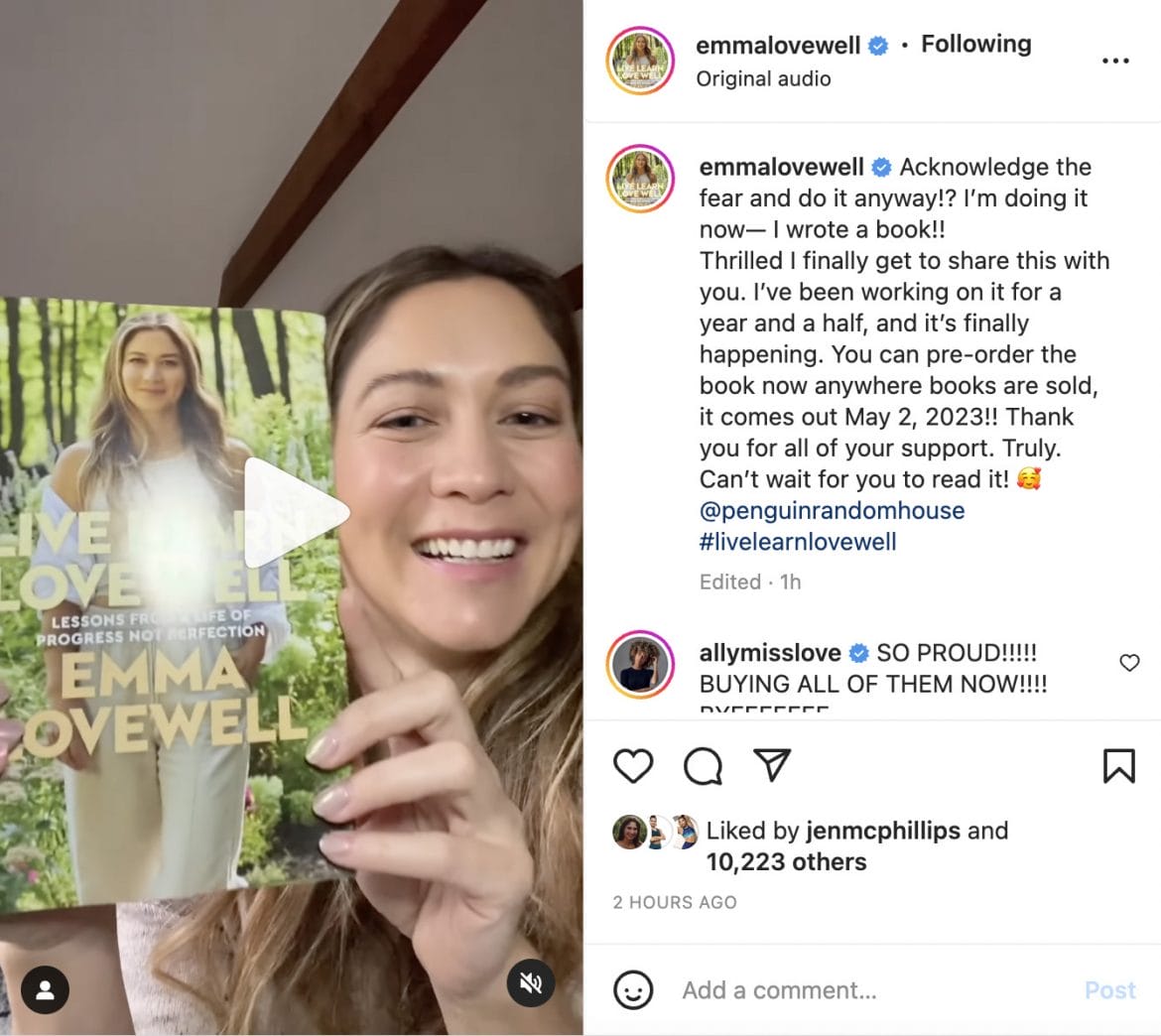 Emma Lovewell's book announcement on Instagram.