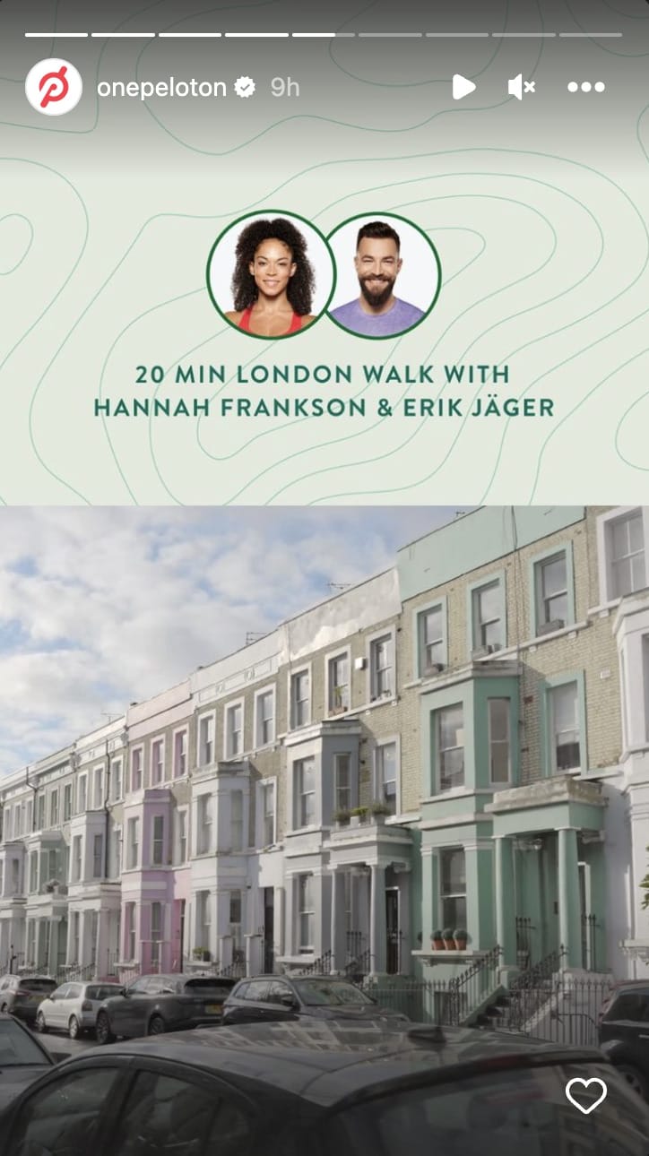 20 min. London Walk with Hannah Frankson & Erik Jäger. Image credit Peloton social media.