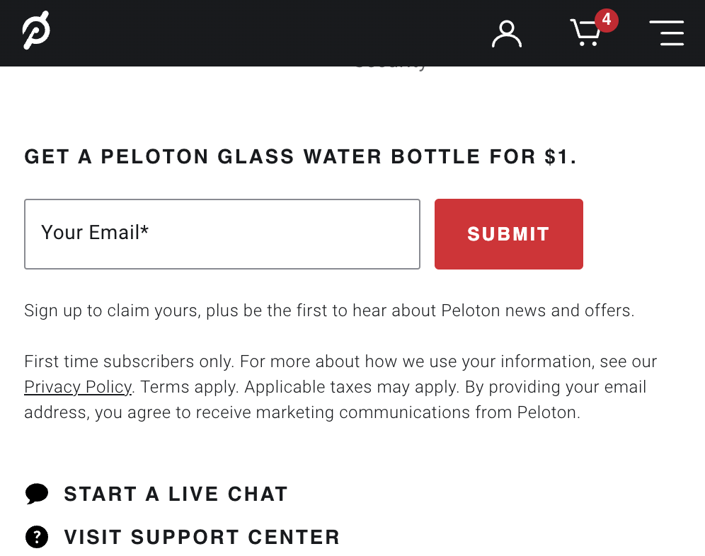 Peloton website sign-up form for new emails.