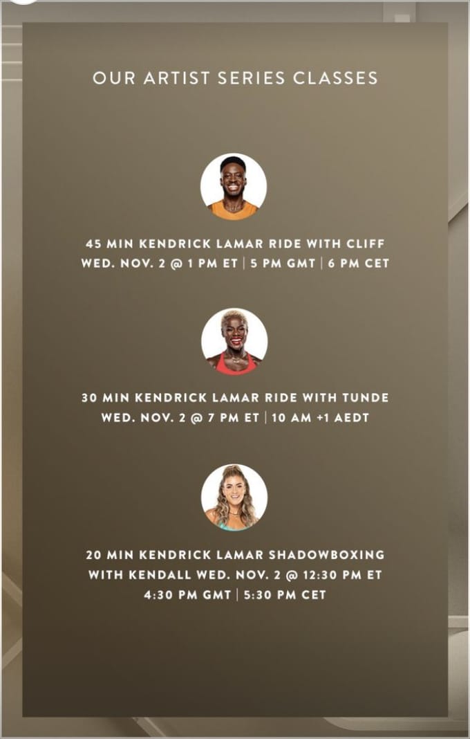 Peloton Kendrick Lamar artist series class list. Image credit Peloton social media.