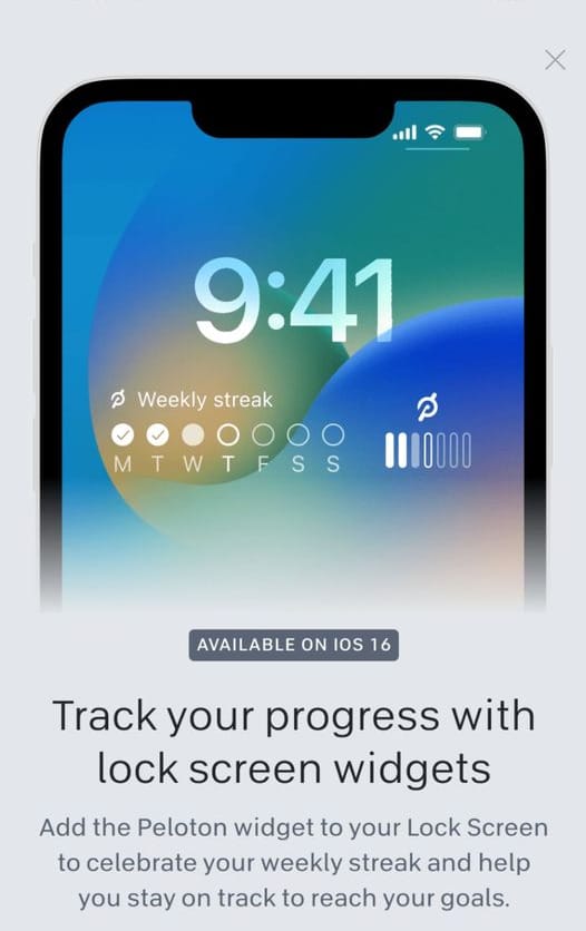 Peloton App iOS 16 widget push notification.
