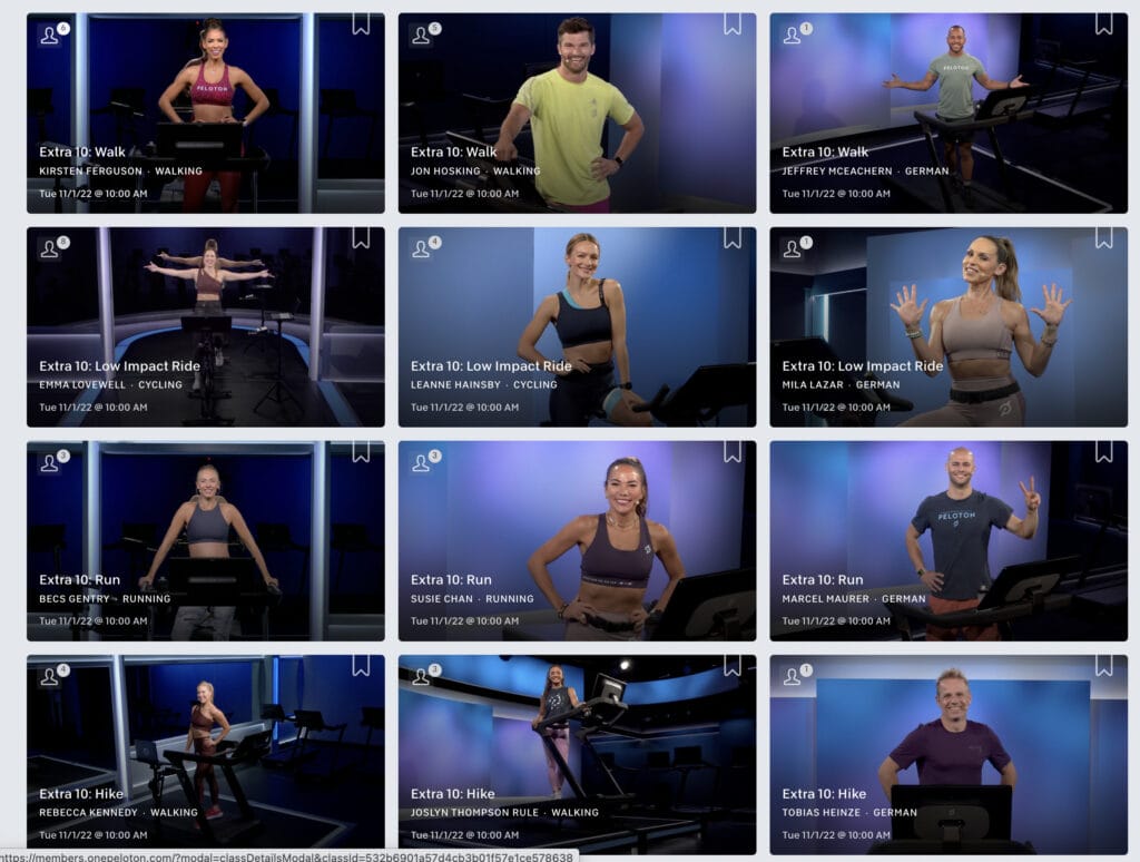 Some of the new "Extra 10" classes available on Peloton.