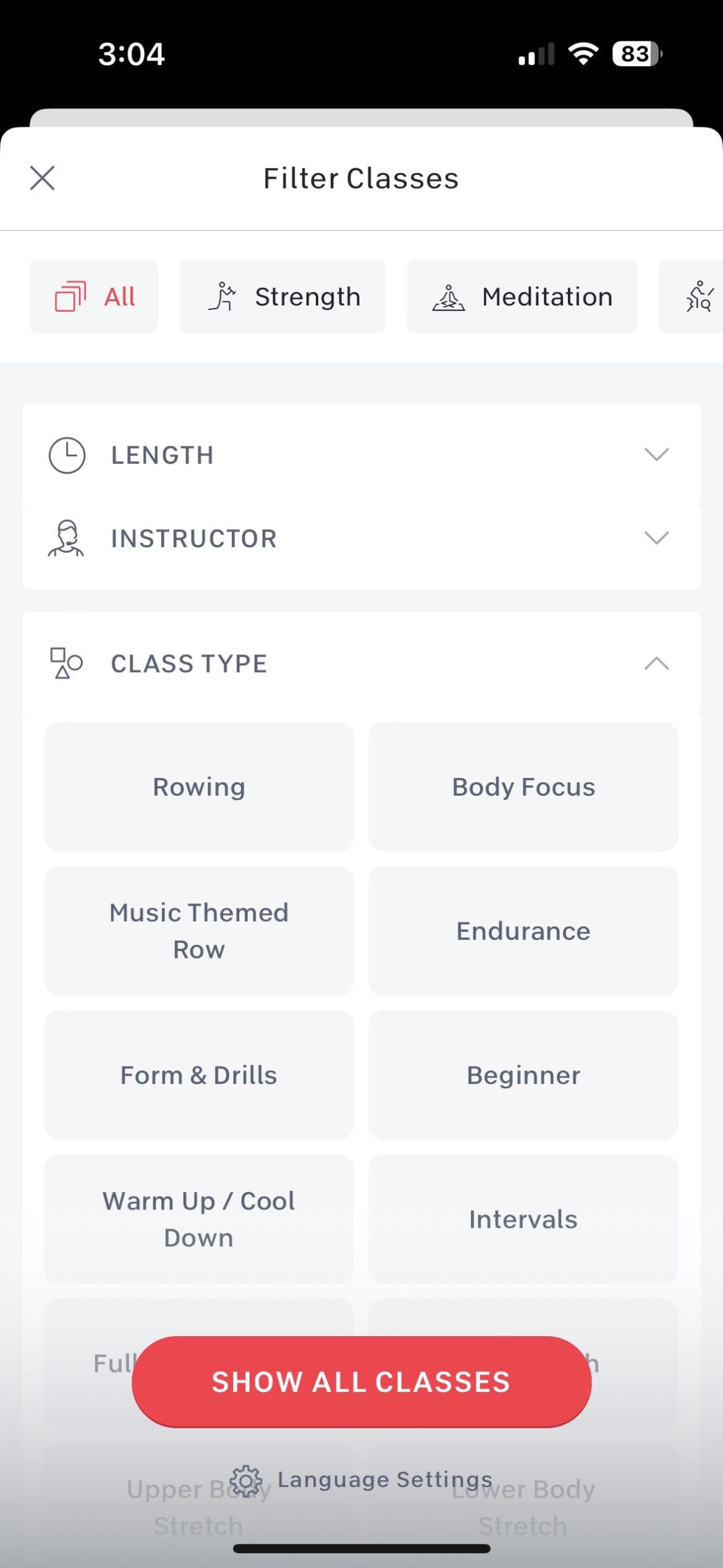 Rowing option in modalities filter on iOS App.