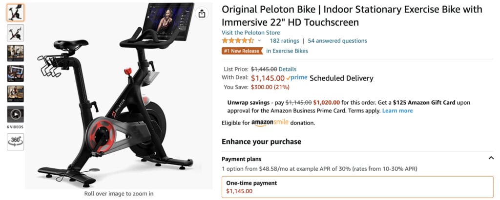 Peloton Bike discounted to $1,145 on Amazon for Black Friday 2022.