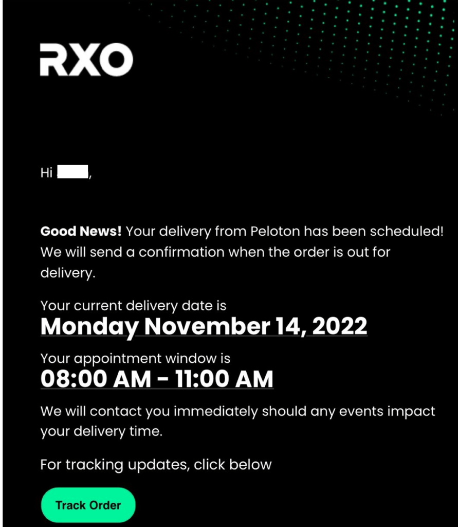 Peloton Row delivery notice from RXO.
