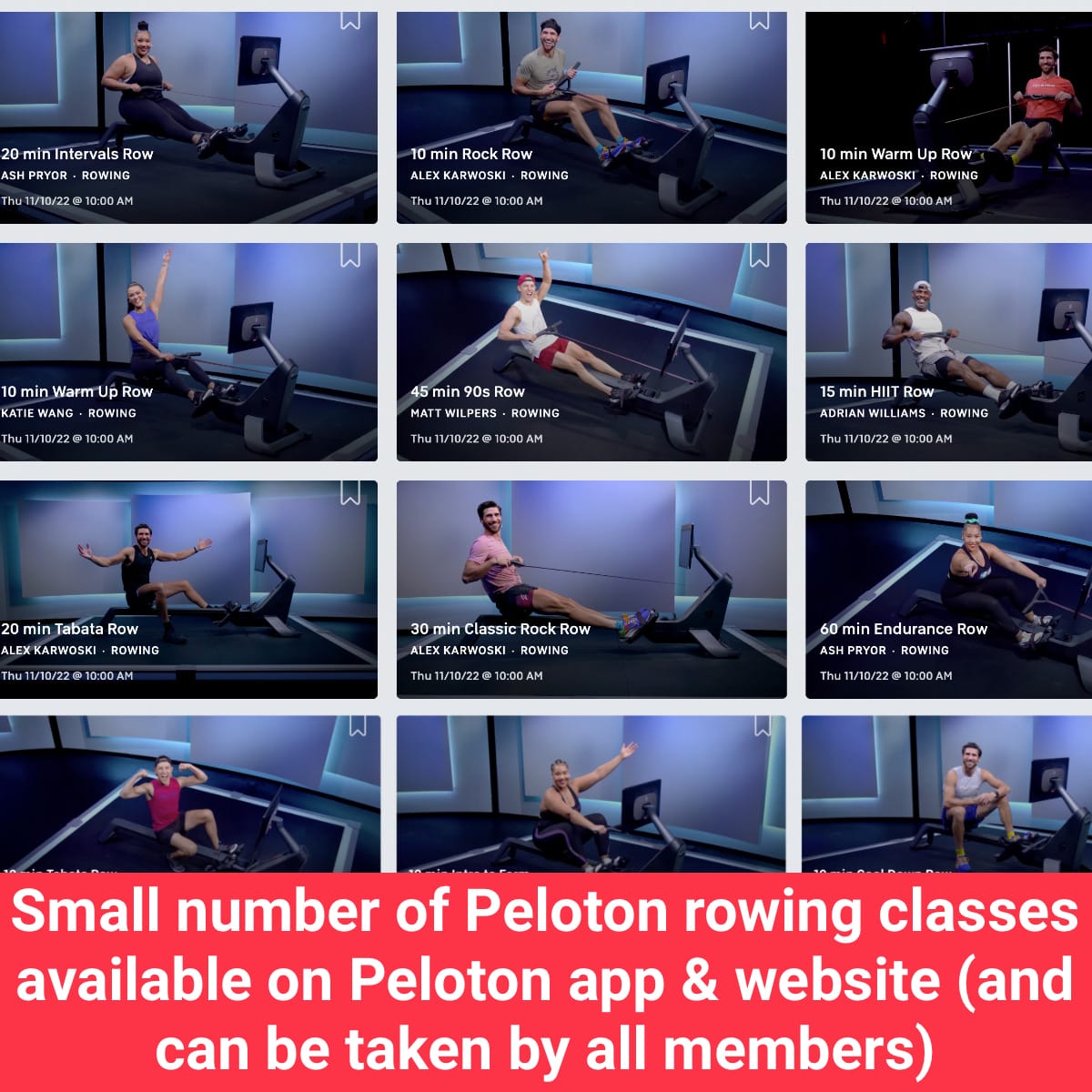 Small number of Peloton rowing classes available on Peloton app and website (and can be taken by all members)