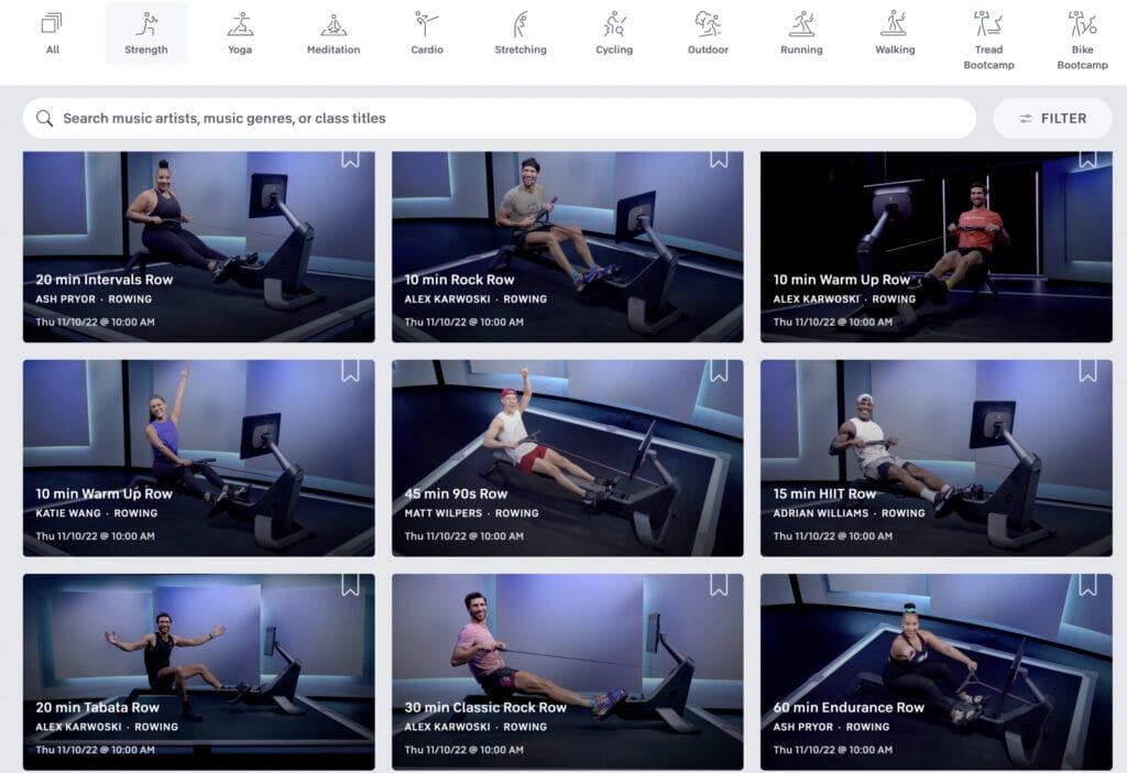 Peloton Rowing classes as seen from the web browser on the Peloton website.