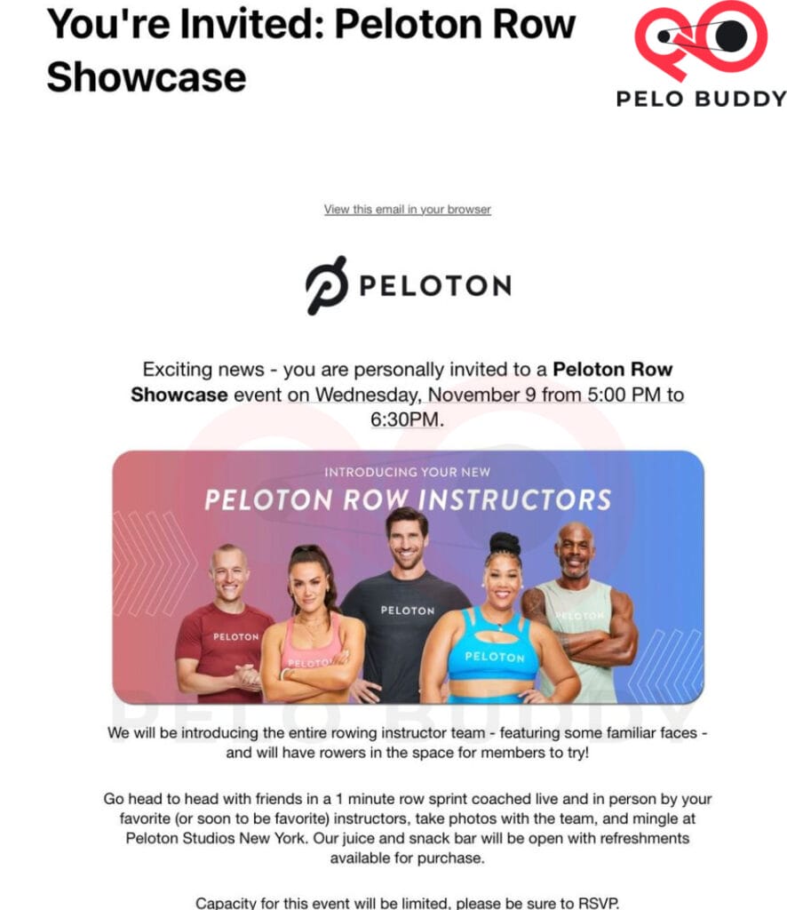Peloton Row Showcase email invitation sent to some members.