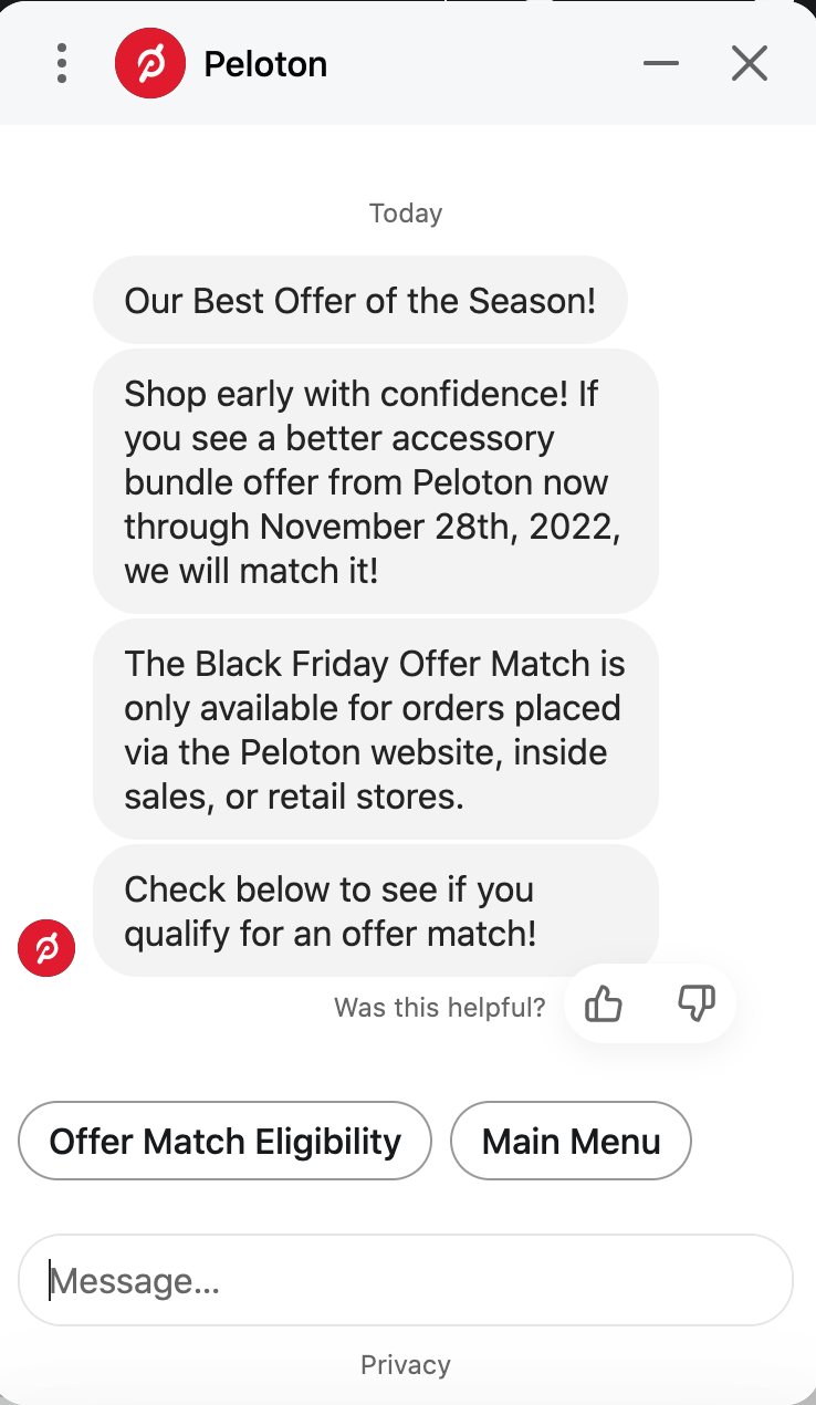 Peloton chat pop-up regarding price match guarantee.