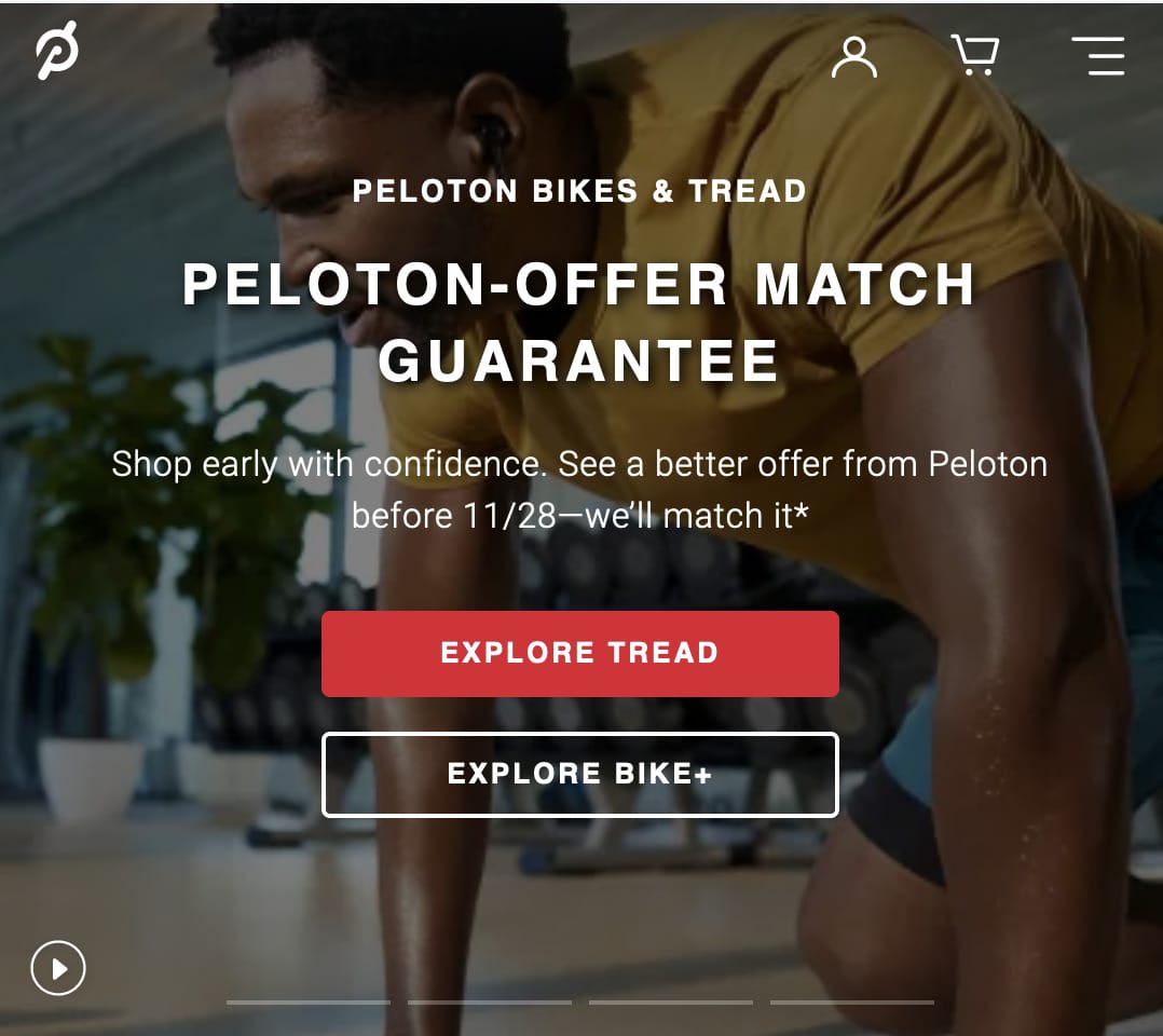 Peloton homepage advertising price match guarantee.