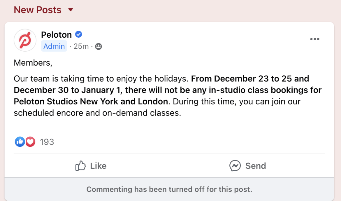 Peloton post in Official Peloton Member Facebook page.