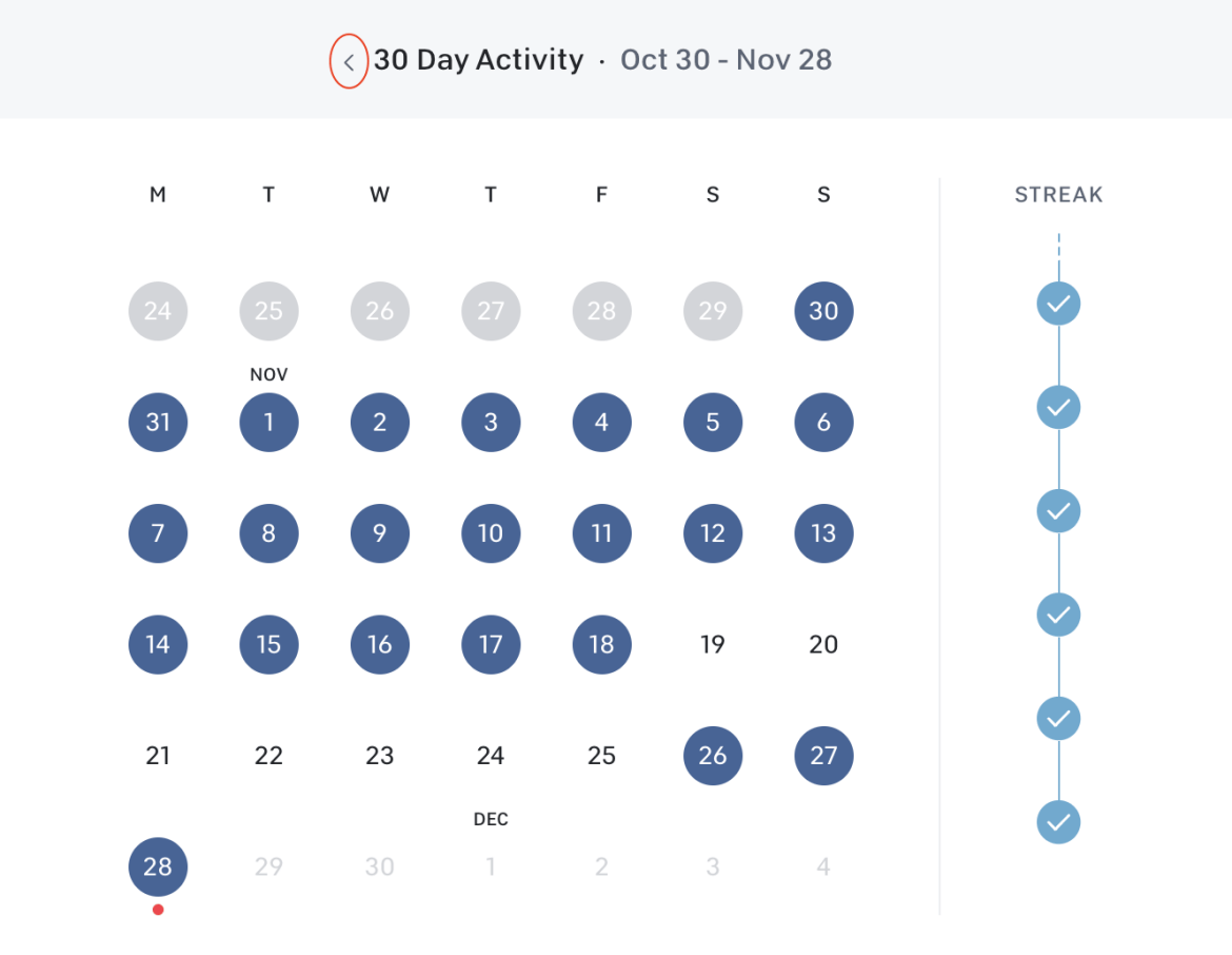 Calendar section on profile page with new clickable arrow to navigate to previous months.