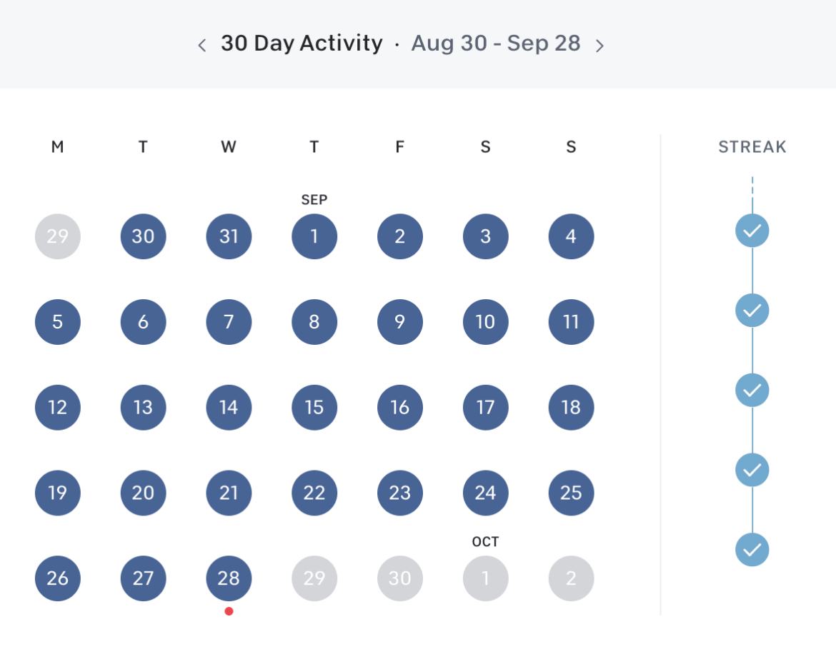 Calendar section on profile page with new clickable arrow to navigate to previous months.