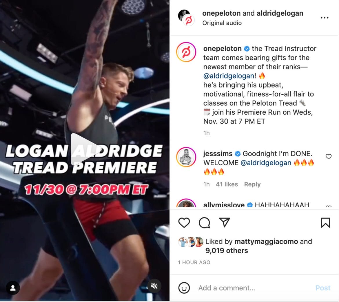 Peloton Instagram post announcing Logan as newest Tread instructor.