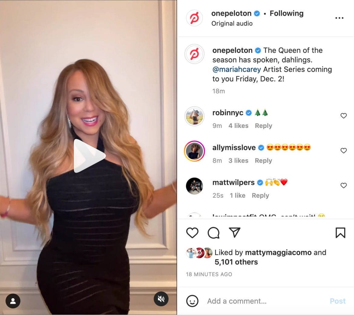 Peloton Instagram post announced Mariah Carey artist series.