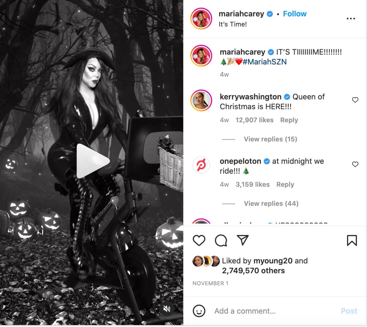 Mariah Carey "it's time" video showing her on a Peloton Bike.
