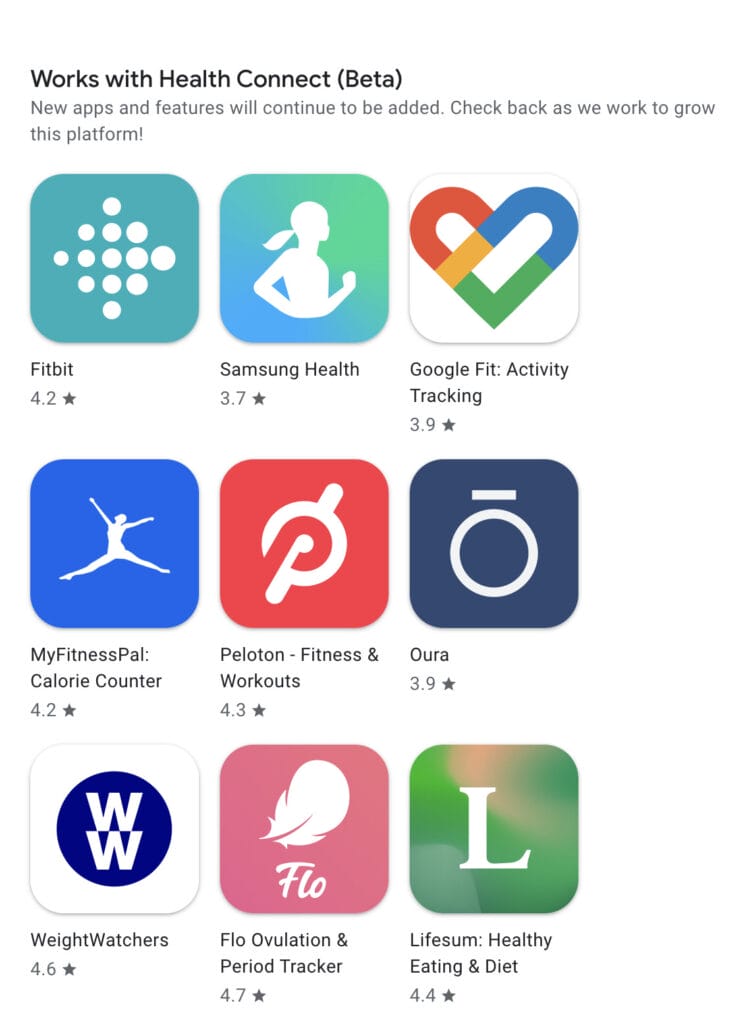 List of some of the supported apps in Google Health Connect, including Peloton.