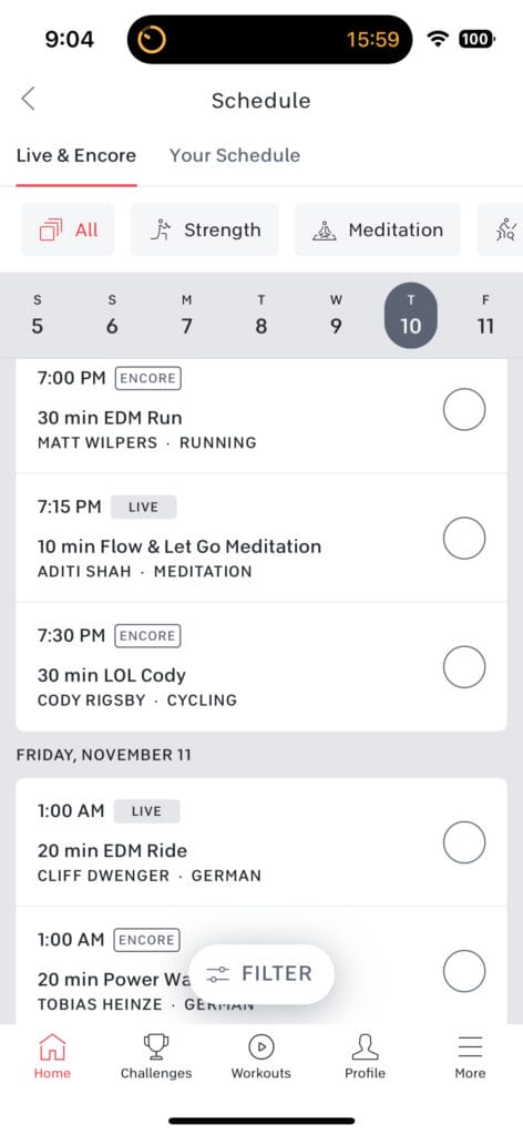 Viewing the upcoming class schedule in the iOS app with the "All" button.