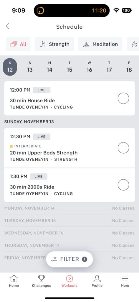 Using the "All" button to see all upcoming classes from Tunde Oyeneyin on Peloton.