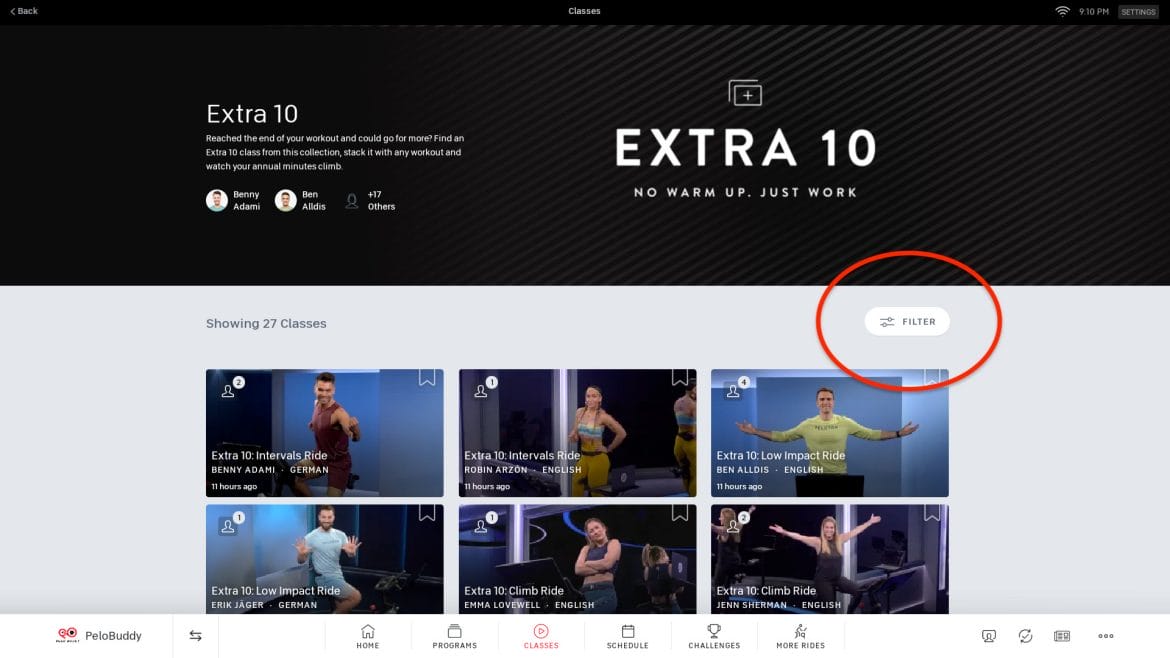 Filter button on Extra 10 Collection on Peloton Bike.