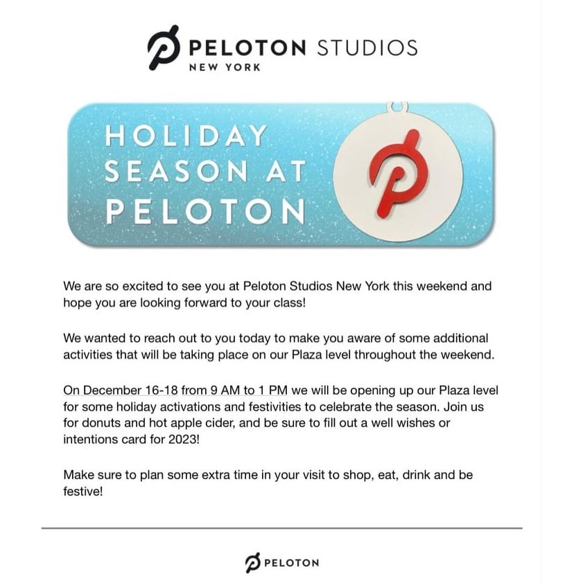 Peloton email to members booked for in-person classes at PSNY December 16-18.