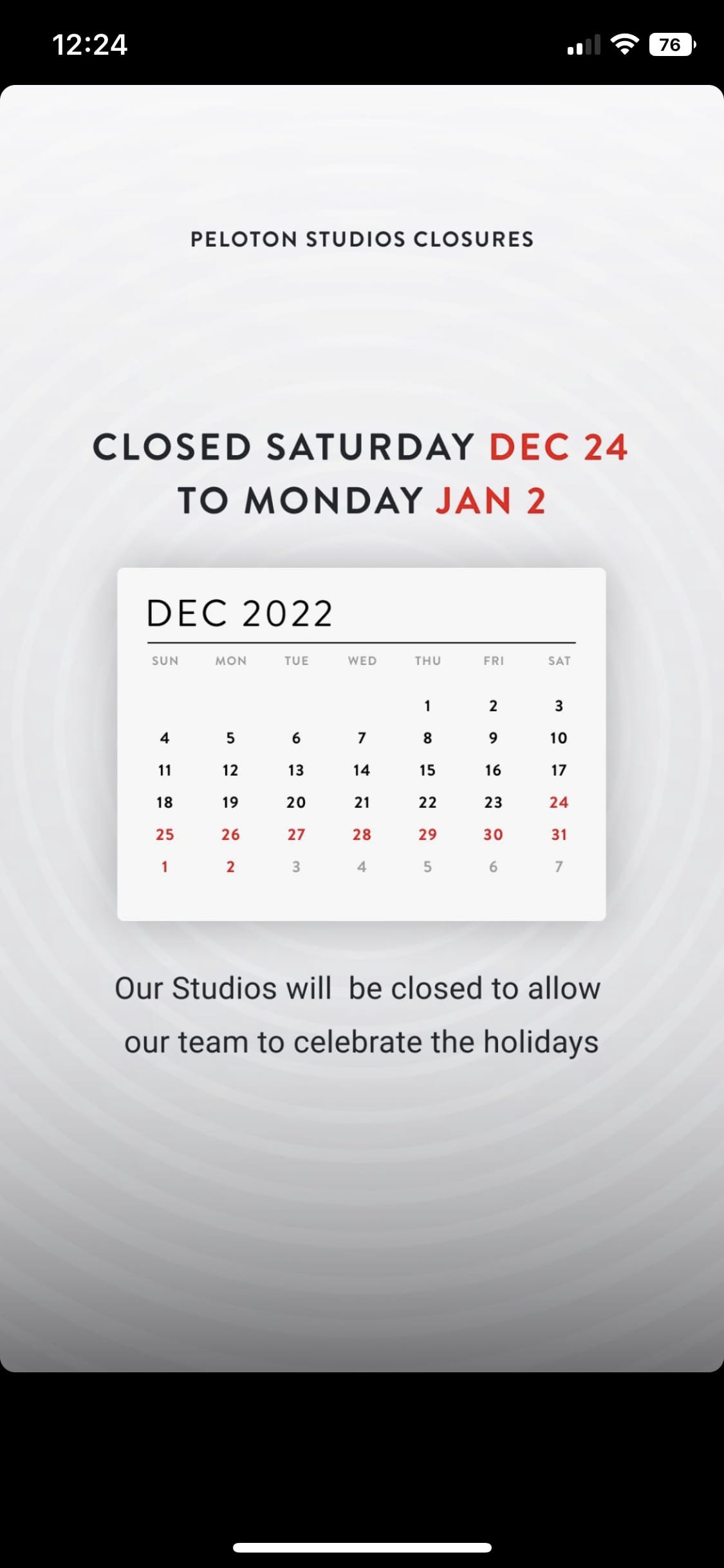 Peloton Instagram Story regarding studio closure.
