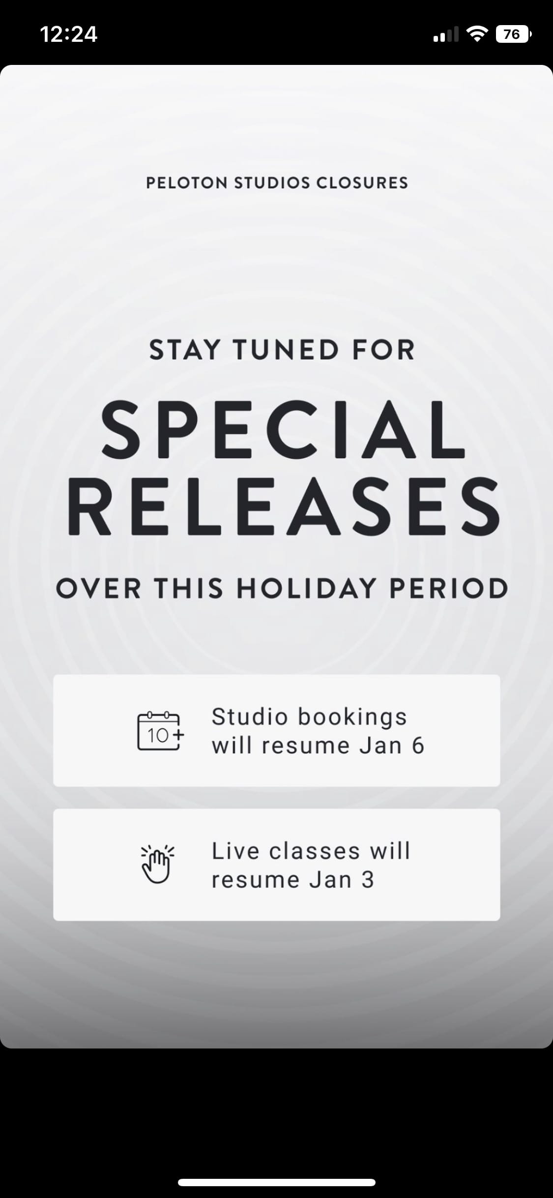 Peloton Instagram Story regarding studio closure.