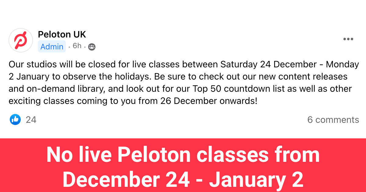 There will be no live Peloton classes from December 23, 2023