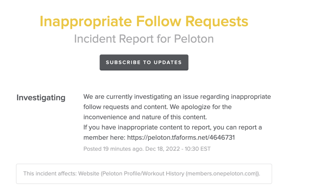 Screenshot of the official Peloton incident created about this.