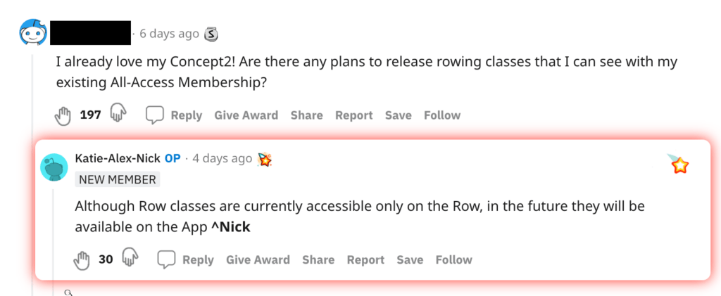 Peloton Reddit "Ask Me Anything" Thread about Peloton Row classes in app.