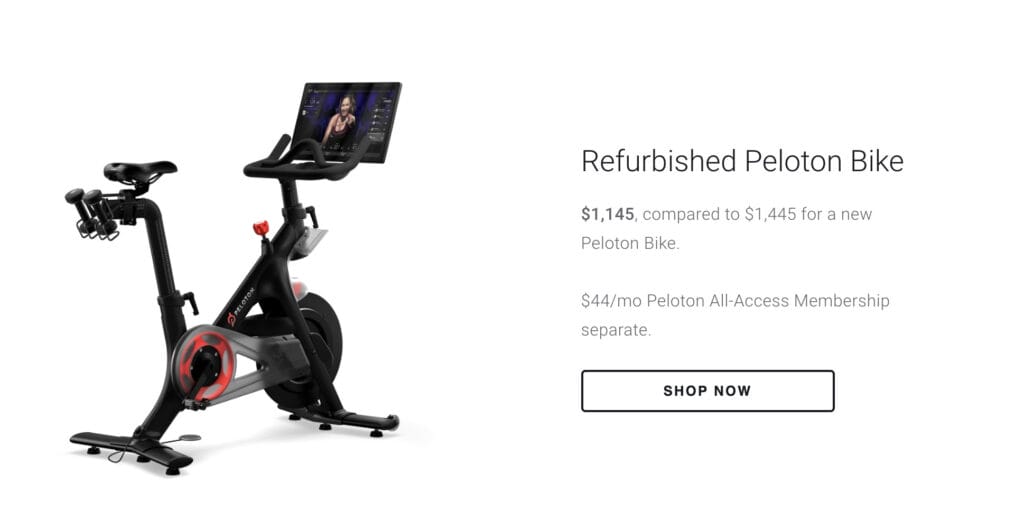 A refurbished Peloton bike available through the Peloton Certified Refurbished program.