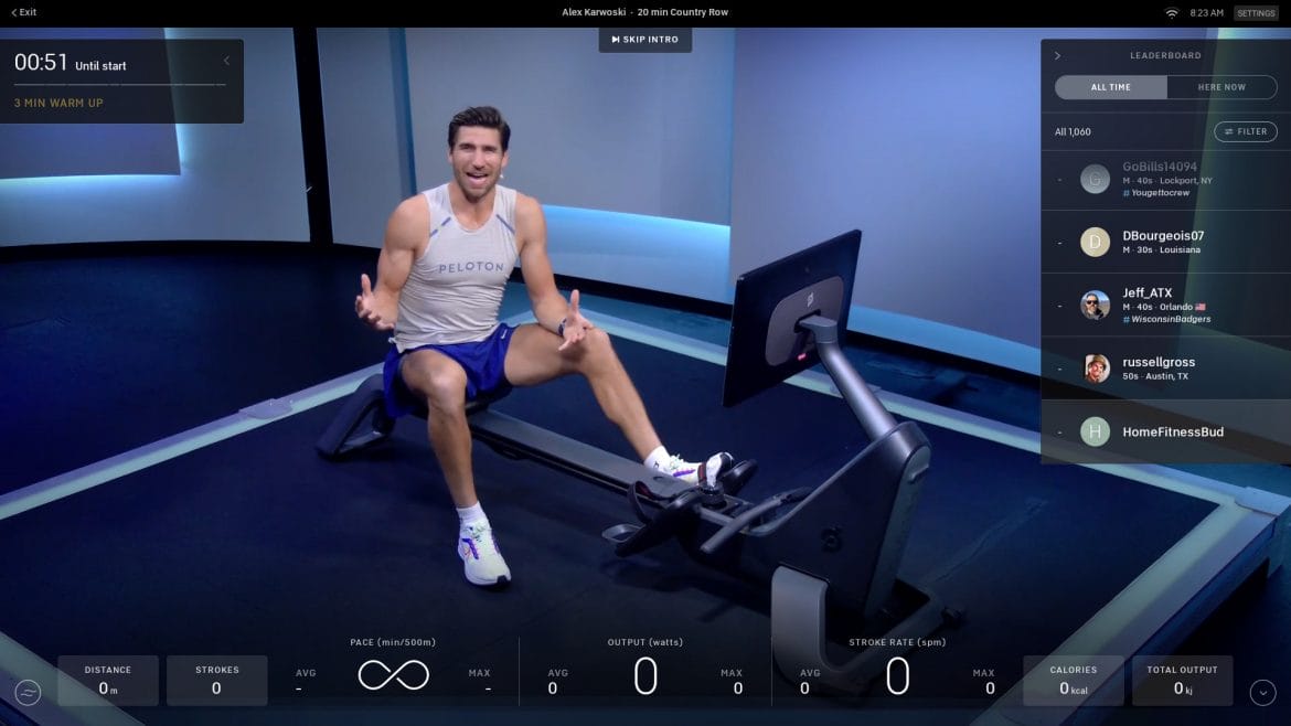 "Skip Intro" button on Peloton Row.