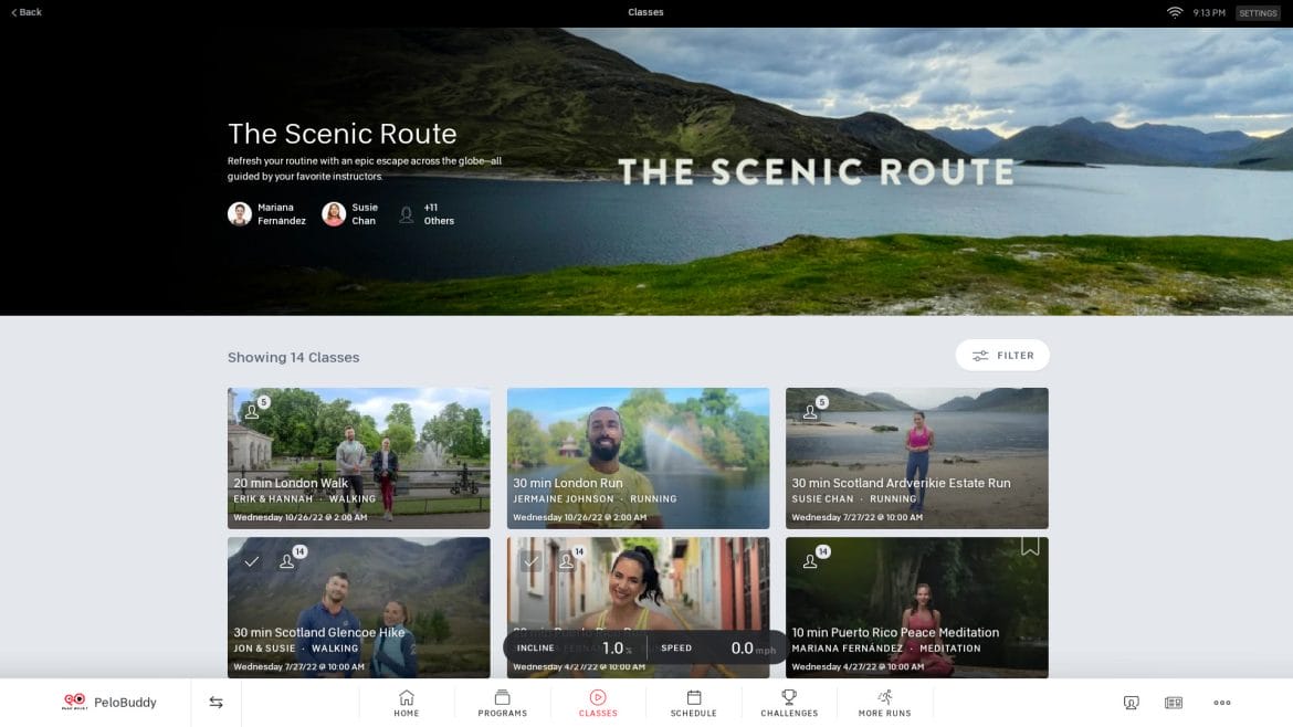 Scenic Route Collection with filter button on Peloton Tread.