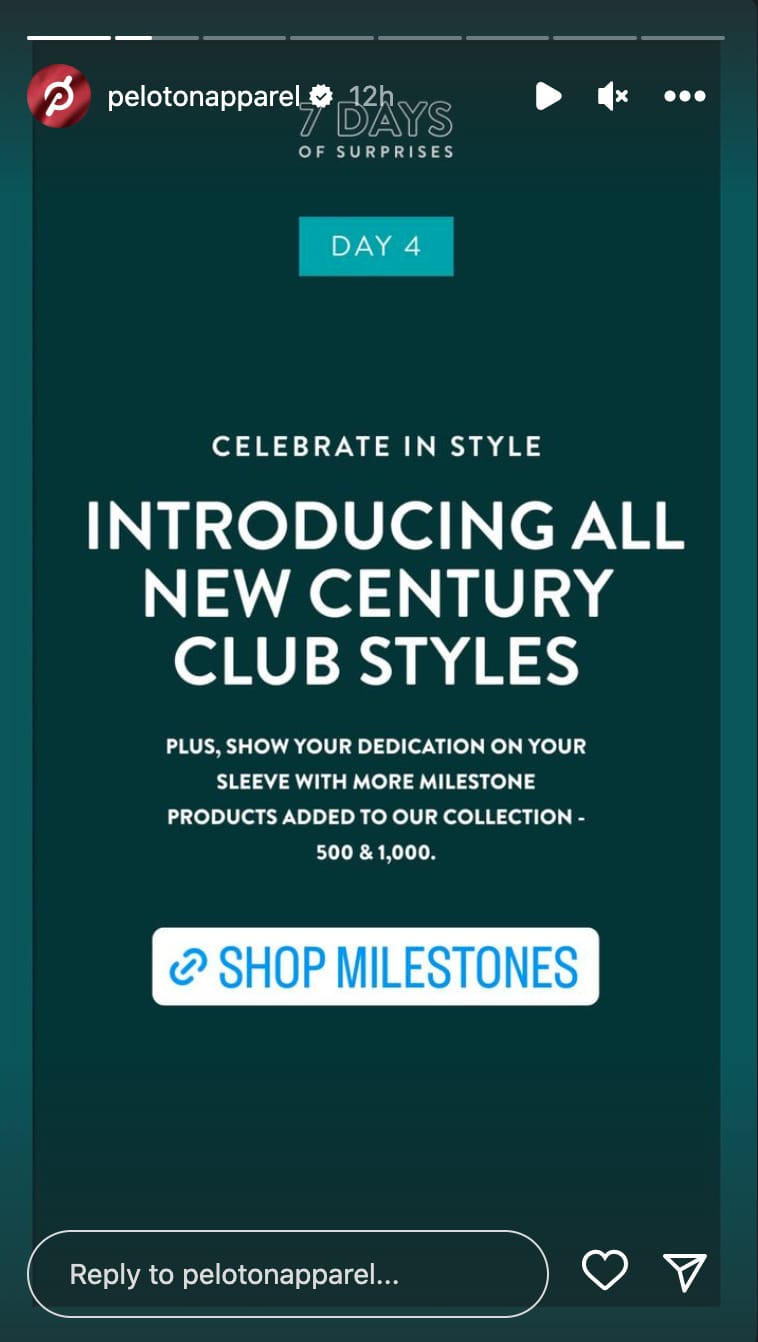 Peloton Apparel Instagram Story announcing Milestone Collection.