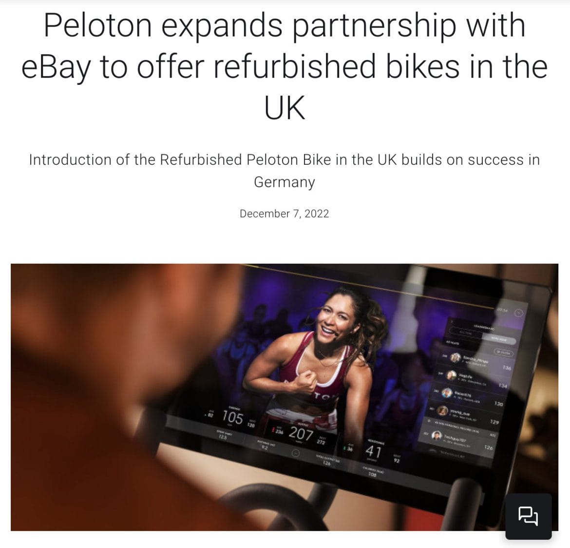 Peloton press release regarding expansion with eBay into United Kingdom.