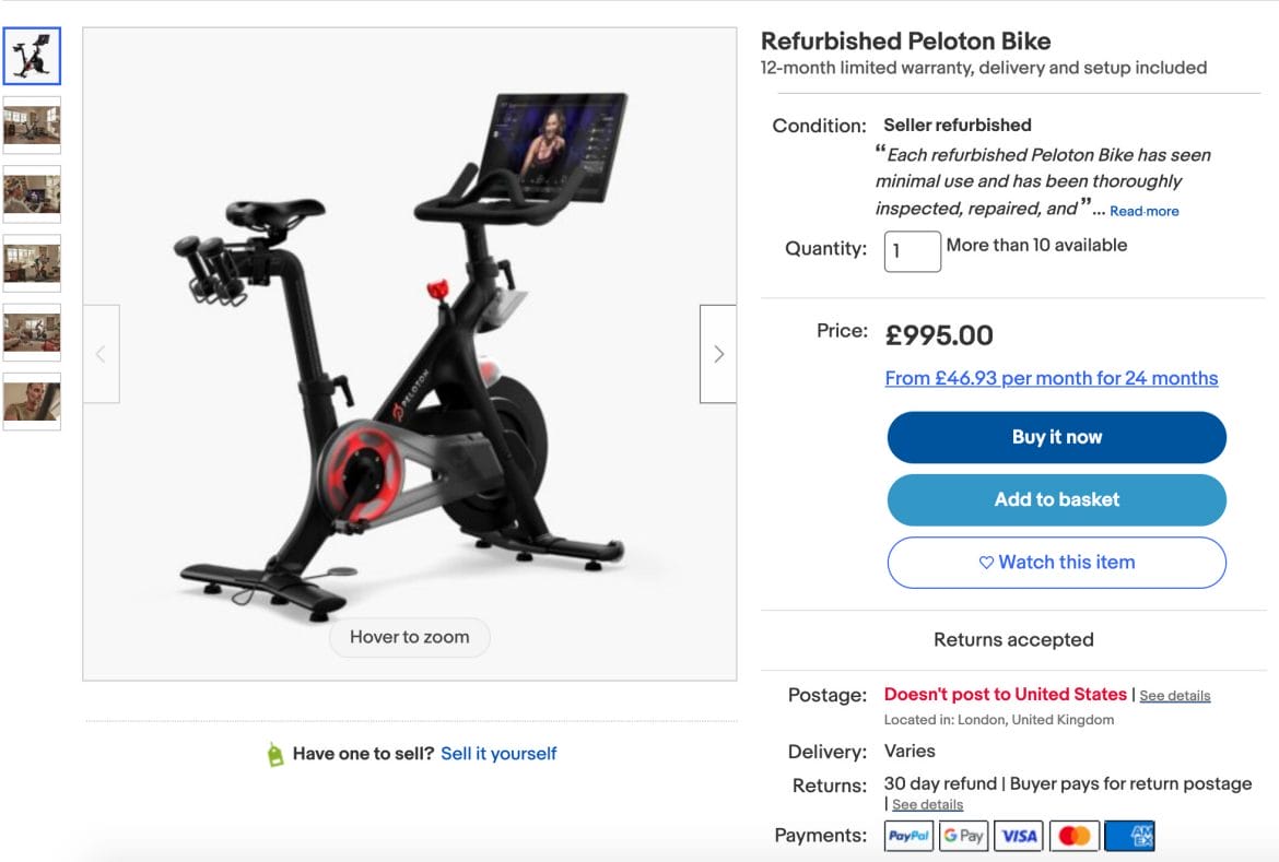 Peloton Bike on eBay in the United Kingdom.