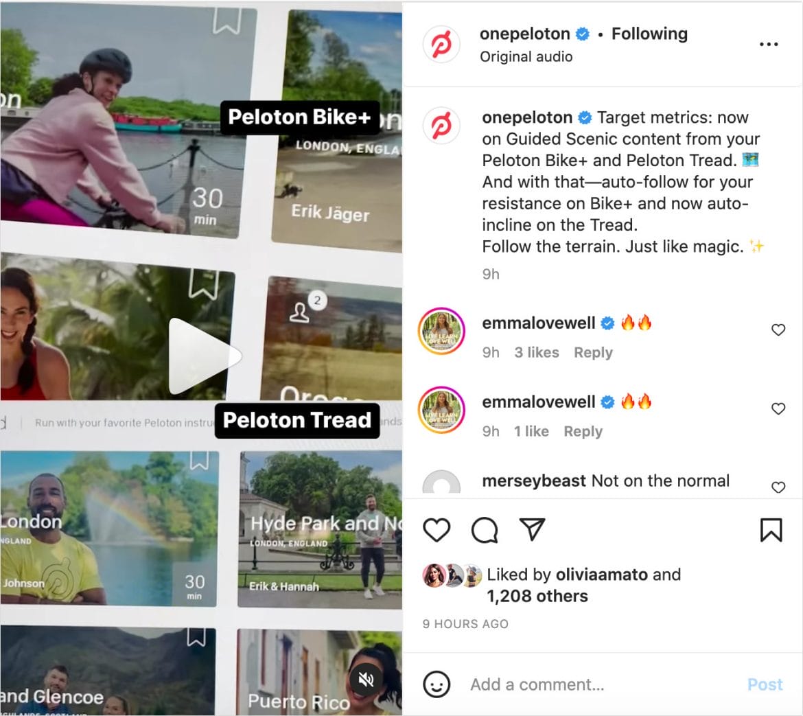 Peloton Instagram post announcing target metrics on guided scenic content.