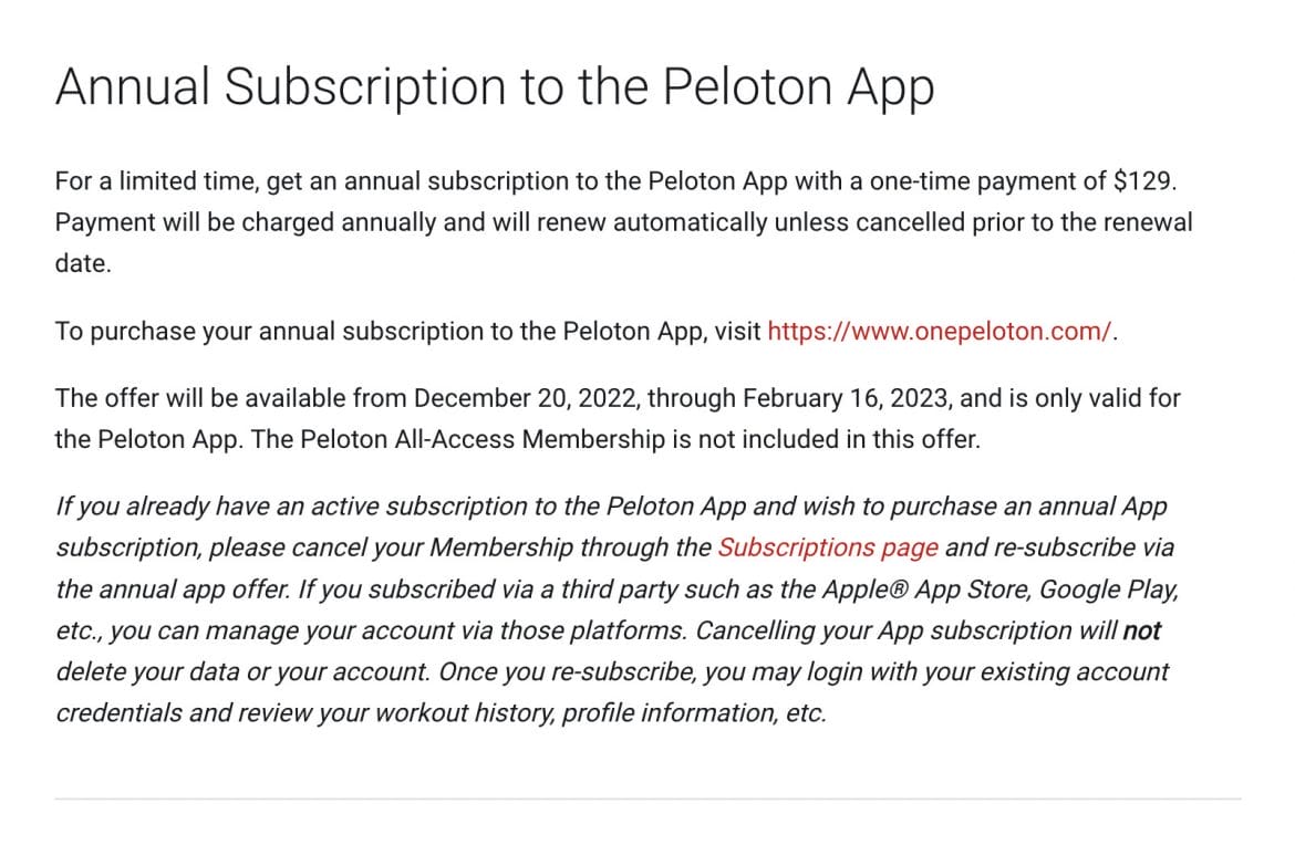 Peloton support page regarding annual App pricing offer.