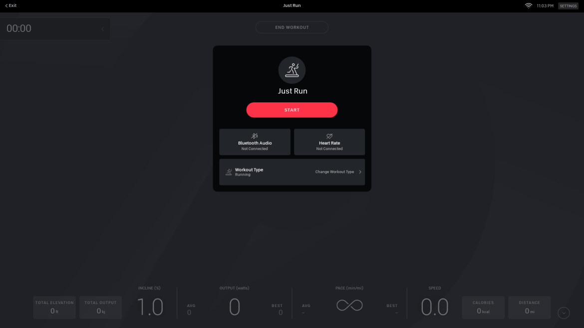 "Just Run" on Peloton Tread with new "workout type" button.