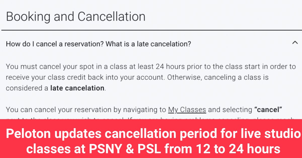 Peloton updates cancellation period for live studio classes at PSNY