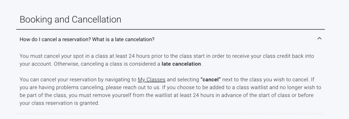 Updated Peloton Studios FAQ language about cancellation window.