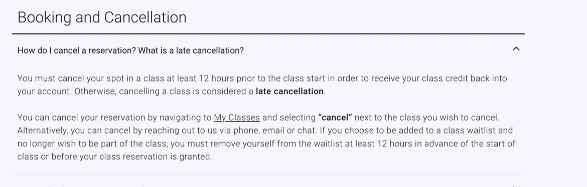 Previous Peloton Studios FAQ language about cancellation window.