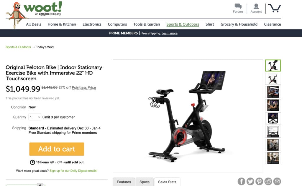 The Peloton Bike listed on sale at Woot.com