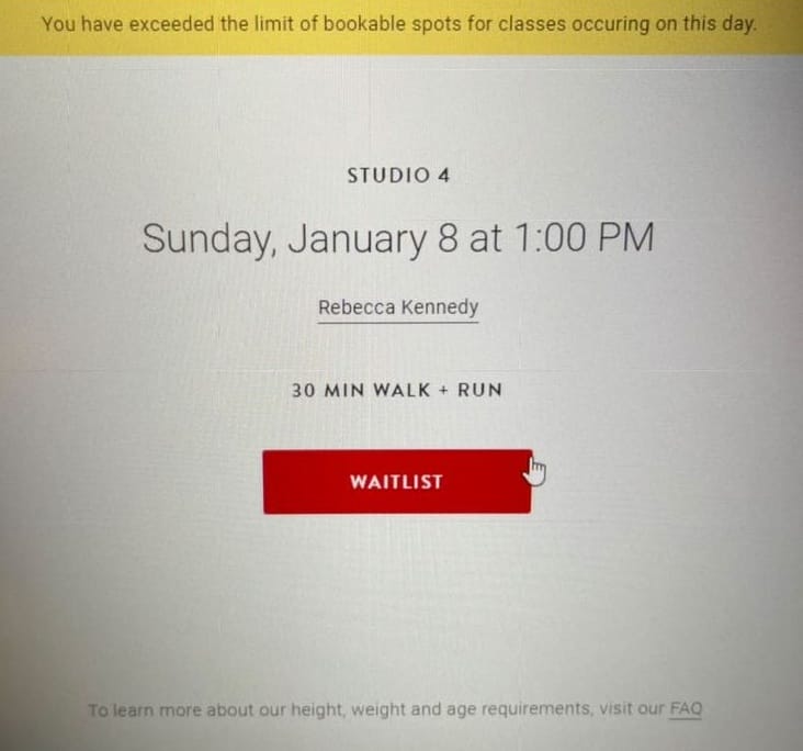 Peloton Studios Booking Site Error Message - Daily Limit