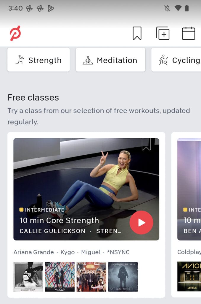 Screenshot of the Peloton app in December showing a different batch of free Peloton classes available to freemium Peloton members.
