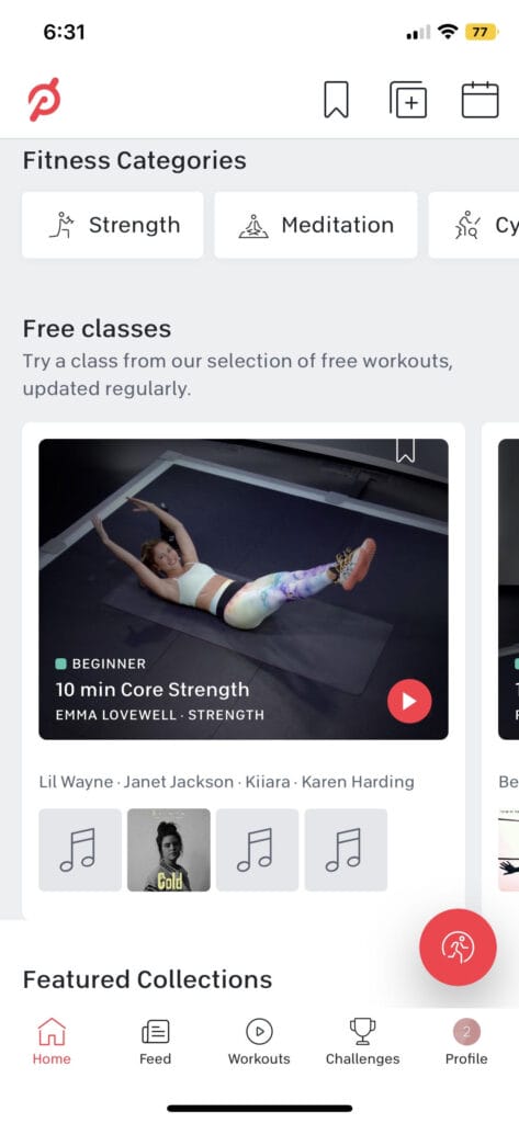 Home Tab of the Peloton App with the "Free Classes" section displayed for Freemium Peloton members.