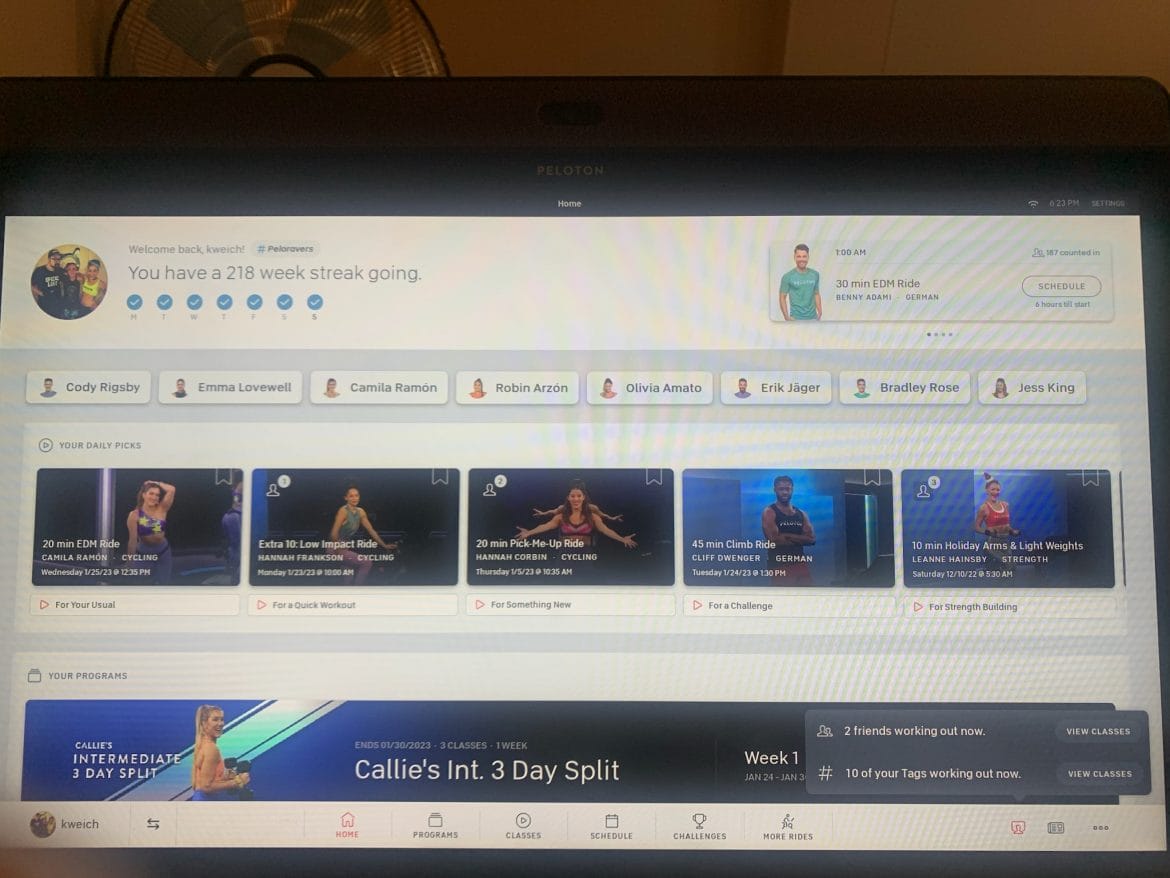 Updated Peloton Bike home screen.