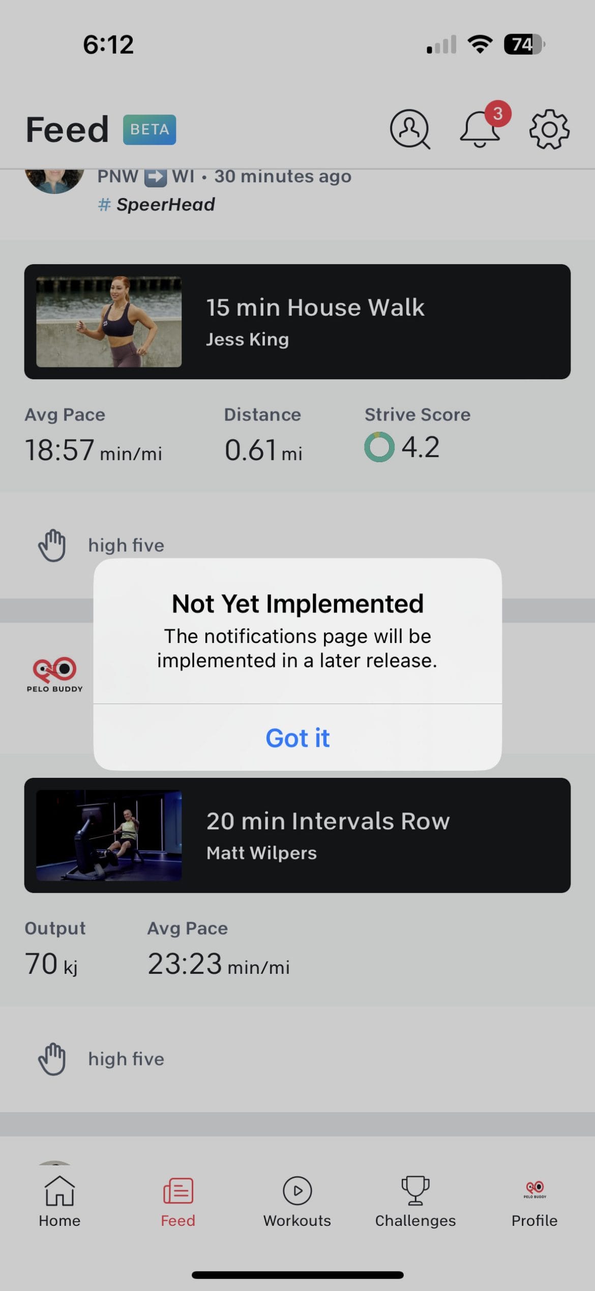 Peloton iOS App Feed notification message.