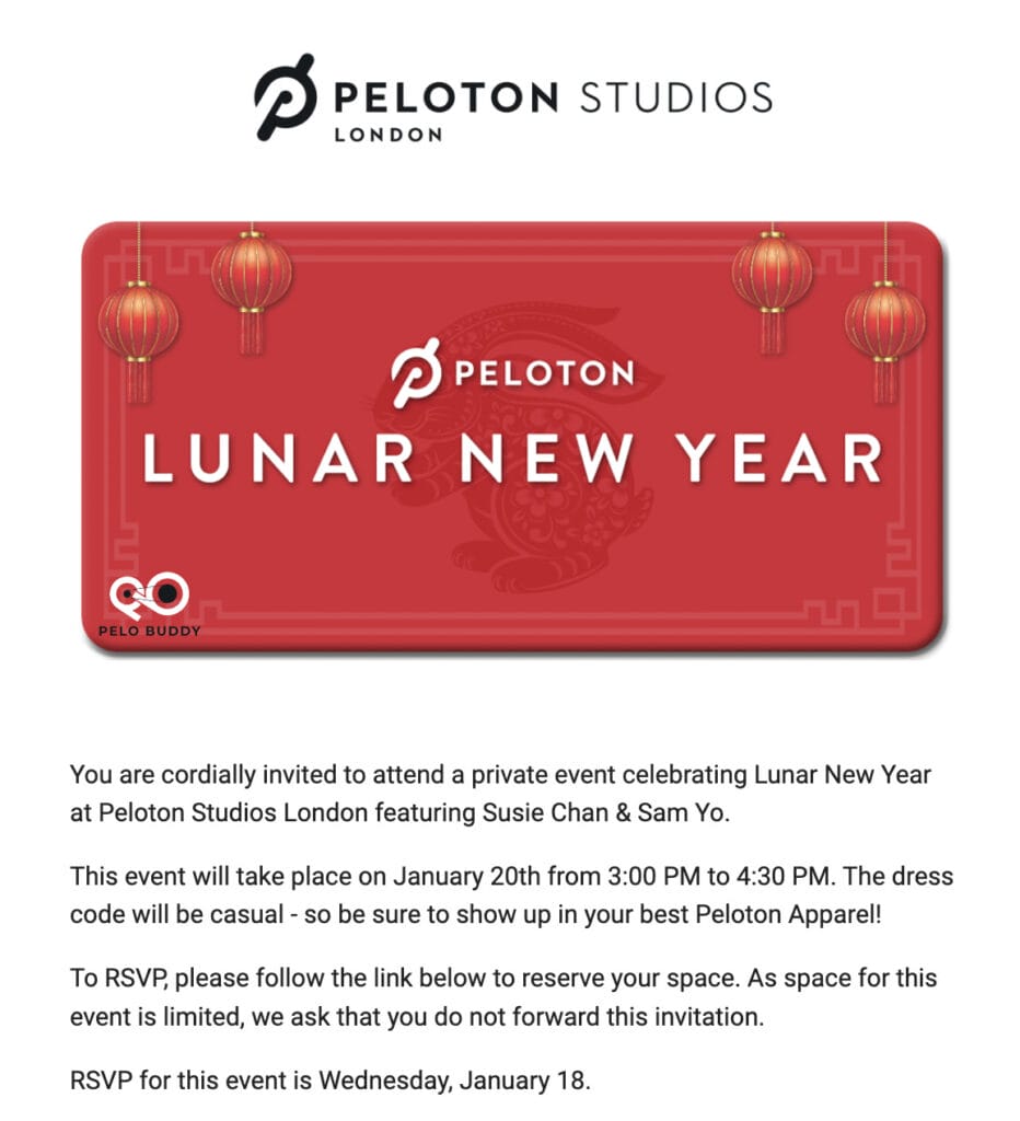 Invite for the Peloton Studios London Lunar New Year event with Sam Yo & Susie Chan.